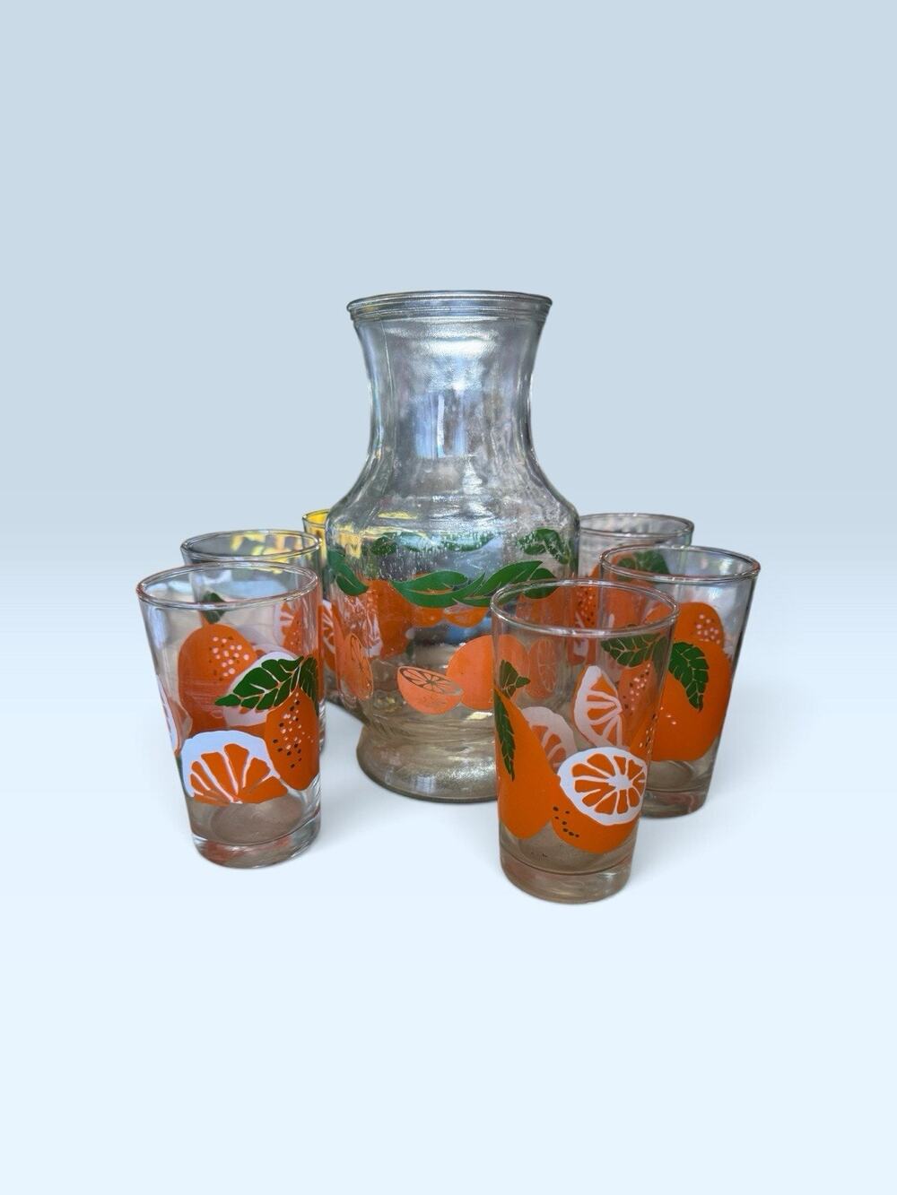 Vintage Orange Juice Carafe and 6 Glasses Set Anchor Hocking
